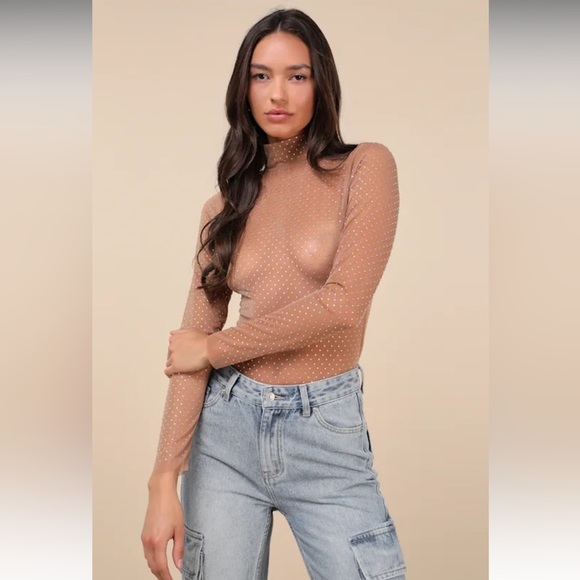 Lulus Glitter Sheer Mesh Rhinestone Long Sleeve Top Beige Womens Size Large - Picture 1 of 14